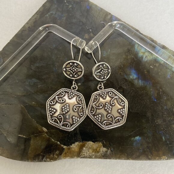 VTG Sterling Silver 925 Etruscan Moroccan Style Hexagonal Drop Dangle Earrings - Picture 12 of 16